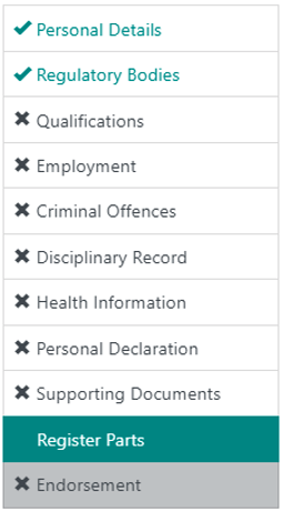 This image shows a page from MySSSC showing a check list showing the sections already completed or those marked by a black X that require your attention