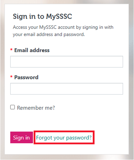 This image shows the Sign in to MySSSC page. It contains a link to reste your password