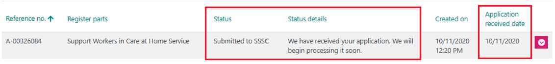 This image shows a page from MySSSC showing an application that has been received by the SSSC