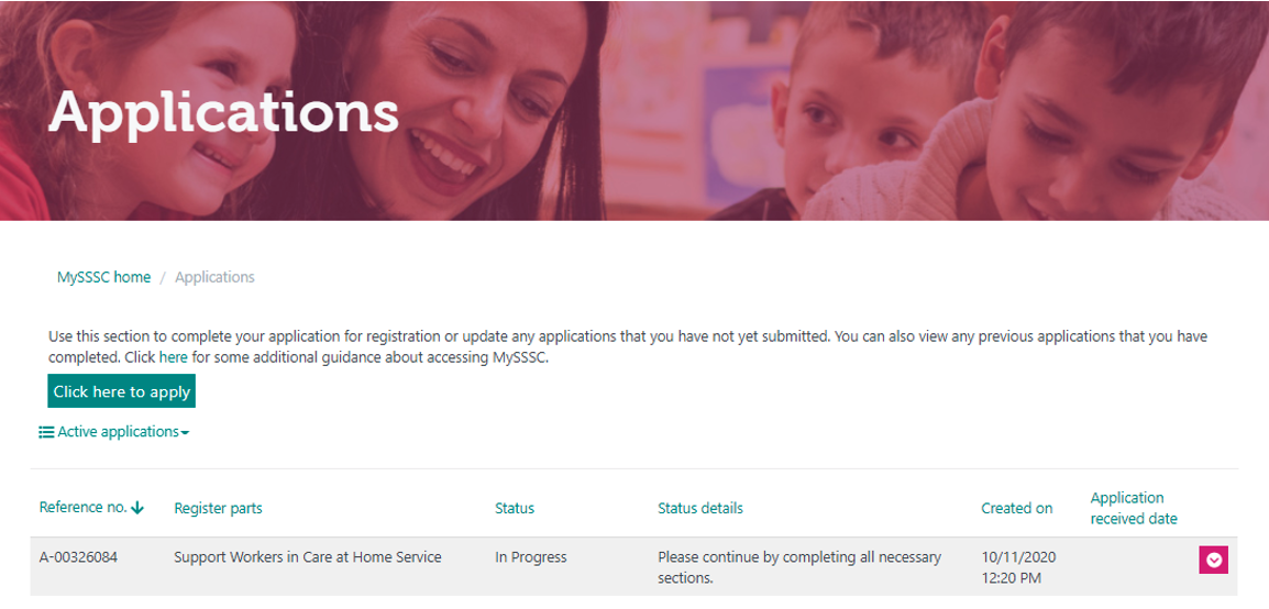 This image shows a page from MySSSC showing a list of any application(s) you have in progress