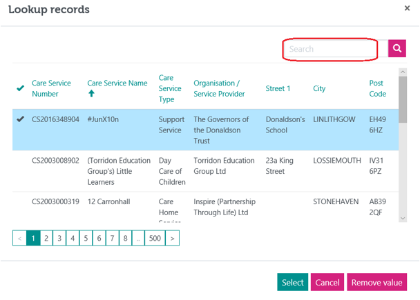 An image of the Lookup records screen highlighting the search box