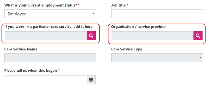 An image showing how to find the correct employment details, highlighting the Organisation/service provider field and the If you work for a particular care service, add it here field