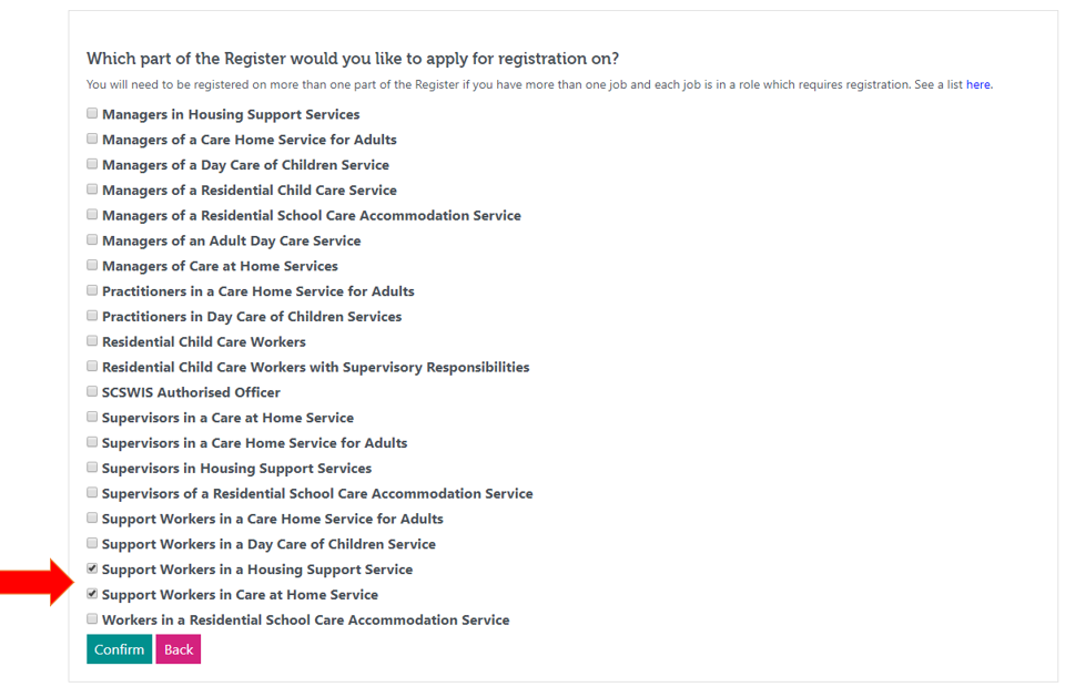 An image of the list of all the different parts of the register you can apply for